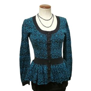 Apt. 9 Tapestry Knit Pattern Peplum Hem Button Up Sweater Teal Blue/Black S